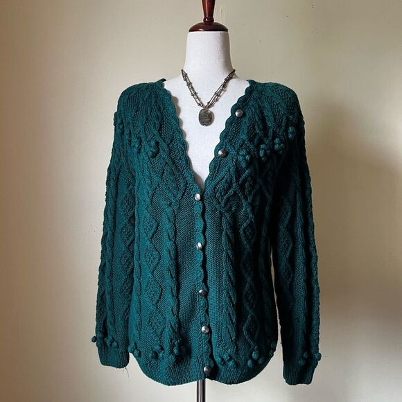 Vintage Northern Isles Hand Knit Cardigan Sweater Teal Cable Bobble Knit Medium - Picture 1 of 10